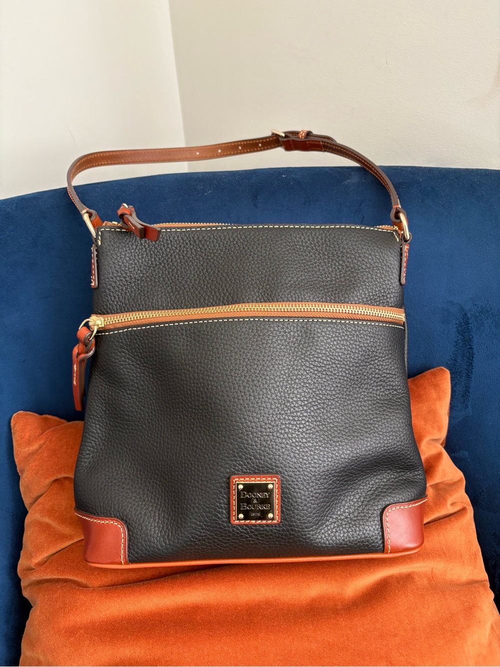 Dooney & Bourke Black Pebbled Leather Crossbody with Brown Trim
